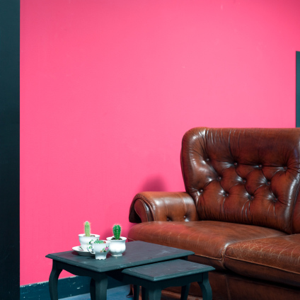 An interior photo of an old brown couch, a coffee table with succulents and a pink wall